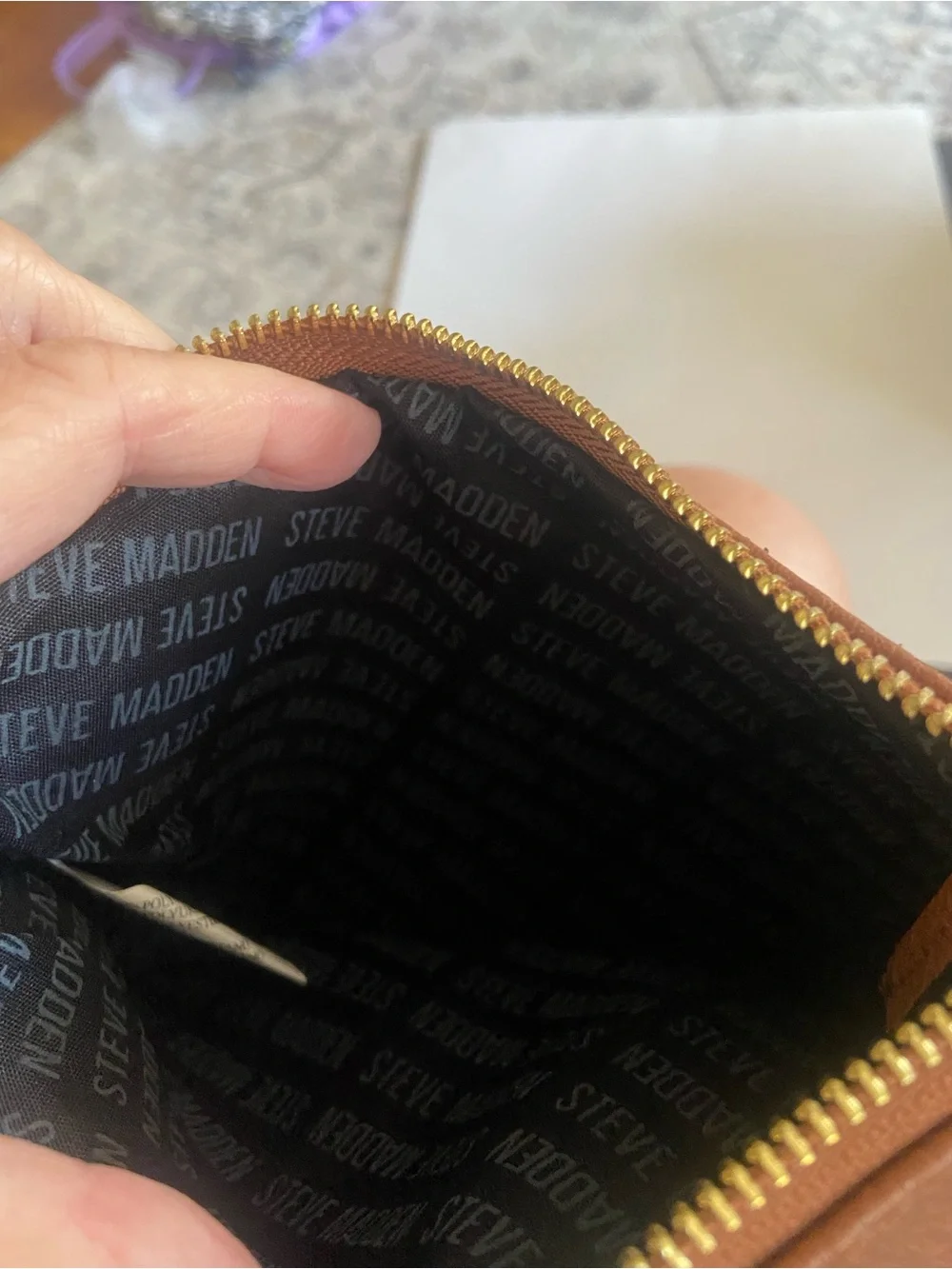 Steve Madden Tan Zip Card Pouch with Gold Hardware